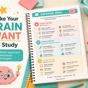 K&ouml;nnte beinhalten: Ein spiralgebundenes Notizbuch mit dem Titel Dopamine Menu, das Abschnitte f&uuml;r vor, w&auml;hrend und nach dem Lernen enth&auml;lt. Die Seite zeigt Checklisten und Symbole. Daneben liegen bunte Textmarker, eine Schale mit Weingummis und ein Kopfh&ouml;rer.