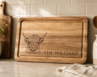 Personalised Highland Cow Chopping Board | Custom Engraved Wooden Cutting Board | Farmhouse Kitchen | Wedding Gift