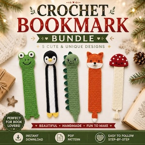 Può includere: Un set di cinque segnalibri all'uncinetto con disegni di animali e natura: una rana verde, un pinguino bianco e nero, un dinosauro verde, una volpe arancione e un fungo rosso e bianco. Il testo recita CROCHET BOOKMARK BUNDLE 5 CUTE & UNIQUE DESIGNS.