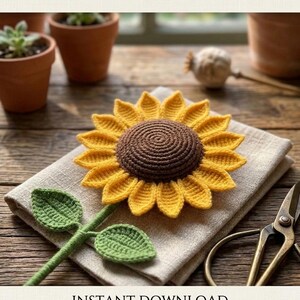 Haakpatroon voor een zonnebloem, realistische bloem (PDF-download), handleiding voor stengel en bladeren, Moederdagcadeau