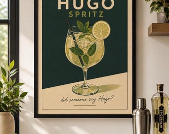 Lámina del cóctel Hugo Spritz, lámina decorativa con receta de flor de saúco, póster de bar verde