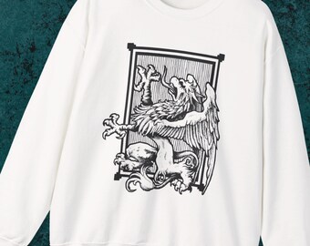 Griffin Sweatshirt mit Rundhalsausschnitt | Handgezeichnete Tinte Illustration, Dark Academia Pullover