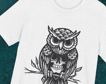 hand drawn owl skull tee, dark academia tee, soft cotton