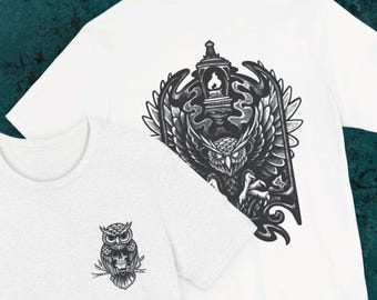 Handgezeichnetes Eulen T-Shirt - Vorder- und Rückendruck