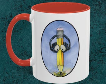 Buntstift Zeichnung Kaffeebecher mit Kopfhörer
