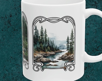 Bergsee Aquarell Tasse | Jugendstil Landschaft Kaffeetasse | Keramik Trinkgefäß Natur