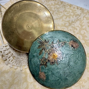 Vintage Champlevé Enamel Powder Box, Heavy Brass Floral Trinket Jar, Mid Century Chinese Export