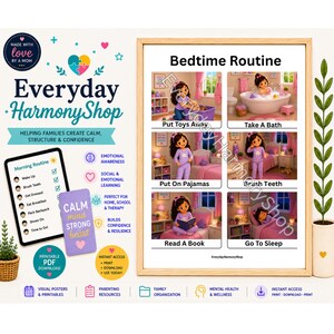 May include: A framed Bedtime Routine poster featuring six illustrations of a child performing tasks: putting toys away, taking a bath, putting on pajamas, brushing teeth, reading a book, and going to sleep. The poster includes text labels for each step.