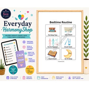 May include: A framed Bedtime Routine chart featuring six illustrated steps: Put Away Toys, Take A Bath, Put On Pajamas, Brush Teeth, Read A Book, and Go To Sleep. The display includes a morning routine checklist, a purple card, and icons.