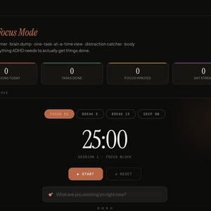 Könnte beinhalten: Eine digitale Benutzeroberfläche mit dem Titel Momentum Focus und einem ADHD Focus Mode Dashboard. Der dunkel gestaltete Bildschirm zeigt einen Pomodoro-Timer auf 25:00, Sitzungsstatistiken sowie Eingabefelder für die Aufgabenverwaltung in einem Layout.