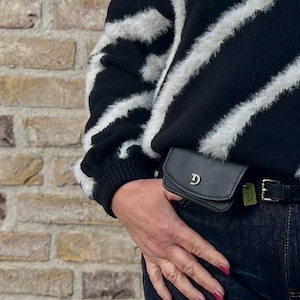 May include: Black and white zebra-striped sweater paired with dark wash jeans. A small black leather belt bag with a silver "D" logo is attached to a black belt. The background is a brick wall.