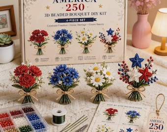 America 250 3D Beaded Bouquet DIY Kit, Patriotic Red White Blue Flowers, Handmade Independence Day Craft, Gift for Crafters