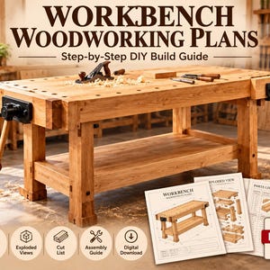 May include: A wooden workbench with two black metal vises, featuring a top with multiple holes and a lower shelf. The image includes text reading WORKBENCH WOODWORKING PLANS Step-by-Step DIY Build Guide and printed PDF documents with diagrams.