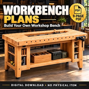May include: A digital download of 9-page PDF workbench plans for a wooden workshop bench. The image shows a light-colored wooden workbench with a central tool trough, a side vise, and integrated shelving units holding various hand tools and boxes.