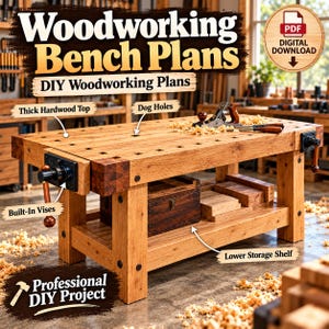 May include: A wooden workbench featuring a thick hardwood top with dog holes, built-in vises, and a lower storage shelf. The text reads Woodworking Bench Plans, DIY Woodworking Plans, Professional DIY Project, and PDF Digital Download.
