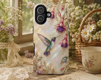 Funda para teléfono con estampado floral de colibrí, funda para teléfono de nácar, funda para iPhone con flores fucsia, funda botánica dorada iridiscente, Samsung Galaxy Pixel