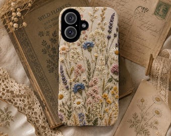 Funda para teléfono con bordado de flores silvestres de imitación, funda floral estilo cottagecore para iPhone, funda botánica con aspecto de lino para teléfono, Samsung Galaxy Pixel