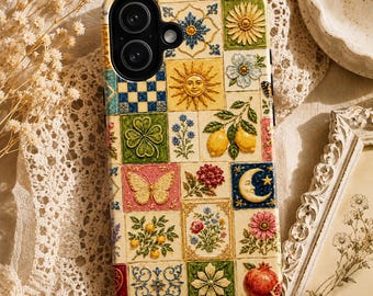 Funda para teléfono con azulejos de cerámica vintage, funda para teléfono con mosaico mediterráneo, funda con azulejos florales de estilo cottagecore, funda botánica bohemia para iPhone, Galaxy y Pixel.