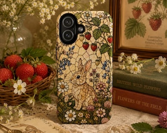 Funda para teléfono con diseño de conejito de vidriera, funda para iPhone con diseño de conejo estilo cottagecore, funda para teléfono con estampado floral de bosque, funda botánica vintage, iPhone Galaxy Pixel