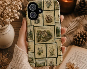Funda para teléfono con estampado de estilo cottagecore, collage de sellos postales botánicos vintage, funda con estética de casa de campo con flores silvestres para iPhone Galaxy Pixel