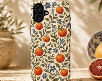 Funda para teléfono con mosaico de naranja sanguina mediterránea, funda botánica para iPhone con azulejos italianos, funda para Samsung Galaxy Pixel con estampado floral cítrico.