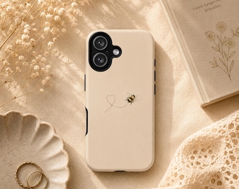 Funda para teléfono con diseño de abeja y rastro de corazón / Funda minimalista con diseño de abejorro / Funda con estética cottagecore / iPhone Galaxy Pixel