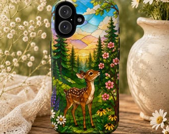 Funda para teléfono con diseño de ciervo en vidriera, funda para iPhone con estética de cervatillo del bosque, funda con diseño de animales del bosque, funda para teléfono con diseño floral estilo cottagecore para Galaxy Pixel