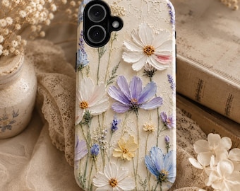 Funda para teléfono con estampado floral pintado al óleo para iPhone, Samsung Galaxy y Google Pixel, diseño botánico de flores silvestres estilo cottagecore.