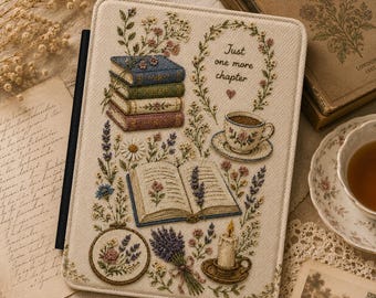 Funda para Kindle con bordado de imitación, funda floral estilo cottagecore para lector electrónico, funda con aspecto de lino, regalo para amantes de los libros.