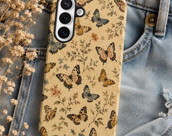 Funda para teléfono con diseño de mariposa para iPhone, Samsung Galaxy y Google Pixel, funda vintage con estampado floral estilo cottagecore, cubierta con estética botánica.
