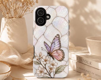 Funda para teléfono con mariposa de vidriera, cubierta floral de ópalo blanco, funda con estética cottagecore de arte natural para iPhone Galaxy Pixel