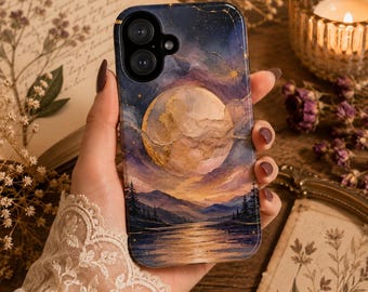Funda para teléfono Luna Celestial, Funda para iPhone Cielo Nocturno Cósmico, Paisaje de Luz de Luna Boho, Estética de Galaxia Mística, Regalo Celestial Cottagecore