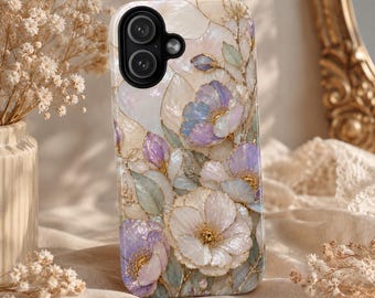Funda para teléfono con estampado floral de nácar, funda floral iridiscente dorada lavanda, funda para teléfono con efecto vitral, iPhone Samsung Galaxy Pixel