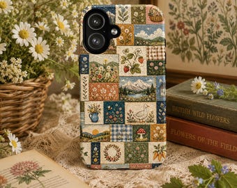 Funda para teléfono estilo cottagecore patchwork, funda vintage para iPhone con diseño de colcha, funda con estampado floral patchwork, funda bordada estética para teléfono, iPhone Galaxy Pixel