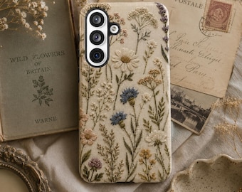 Funda para teléfono con bordado de flores silvestres de imitación, funda para iPhone con aspecto de lino botánico, funda floral estilo cottagecore para Samsung Galaxy Pixel