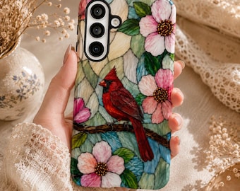 Funda para teléfono con diseño de cardenal y vidrieras para iPhone, Samsung Galaxy y Google Pixel, funda floral para amantes de las aves.