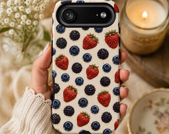 Funda para teléfono con bordado de bayas simuladas, funda floral de fresa, arándano y mora para iPhone, regalo con estética cottagecore para ella Galaxy Pixel