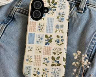 Funda para teléfono Blueberry Cottagecore, patchwork floral vintage, funda botánica de cuadros azules para iPhone Galaxy Pixel