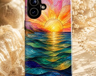 Stained Glass Sunset Phone Case, Ocean Beach iPhone Case, Vibrant Tropical Sunset Case, Aesthetic Floral Ocean Waves Case, Galaxy Pixel