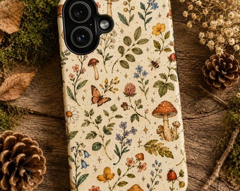 Funda para teléfono Woodland Cottagecore, cubierta botánica vintage de setas y flores silvestres para iPhone Galaxy Pixel, estética de naturaleza boscosa