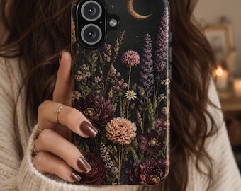 Funda para teléfono con estampado floral oscuro para iPhone, Samsung Galaxy y Google Pixel, funda para teléfono con estampado campestre de flores silvestres a la luz de la luna, funda botánica gótica