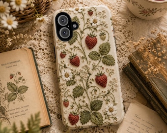 Funda para teléfono con bordado de fresas de imitación, funda floral estilo cottagecore para iPhone, funda botánica con aspecto de lino para teléfono, Samsung Galaxy Pixel
