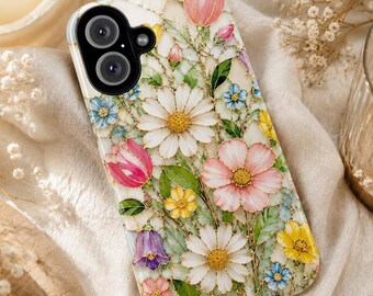 Stained Glass Floral Phone Case | Cottagecore Botanical iPhone Case | Gold Line Mosaic Aesthetic | iPhone Galaxy & Pixel Protective Case