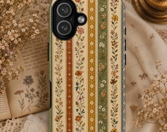 Funda para teléfono con estampado floral bohemio y rayas, funda estilo cottagecore vintage con flores silvestres, estética botánica retro para iPhone Galaxy Pixel
