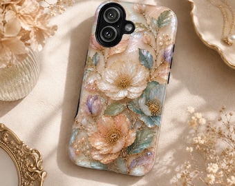 Funda para teléfono con diseño floral de nácar, funda con flores doradas iridiscentes, funda botánica de lujo para iPhone, funda para Samsung Galaxy Pixel con efecto vitral.
