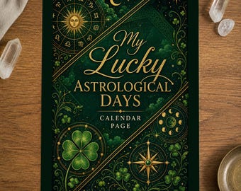 Página del calendario de días astrológicos de la suerte, hoja planificadora del zodíaco (descarga digital)
