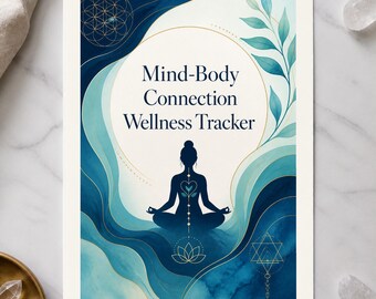 Puede incluir: Un rastreador de bienestar rectangular con fondo de acuarela azul oscuro y verde azulado. El texto dice Mind-Body Connection Wellness Tracker. Una silueta en posición de meditación está centrada con un loto y líneas geométricas.