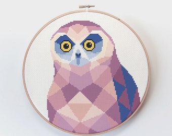 Owl cross stitch, Ruru / Morepork Cross stitch pattern, New Zealand cross stitch pdf, Geometric cross stitch, Owl art, Kiwi cross stitch