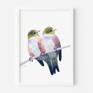 Zilveroogdruk - paar waxeye - zilveroogkunst - vogelkunst - Nieuw-Zeelandse vogels - Nieuw-Zeelandse decor - kiwi - kaarten Nieuw-Zeeland - kunst in het wild
