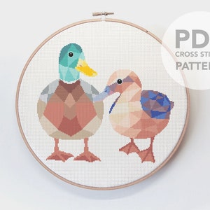 Cross stitch pattern, Duck cross stitch pattern, New Zealand cross stitch pattern, Duck pair art, Cute cross stitch, Geometric animal art image 1